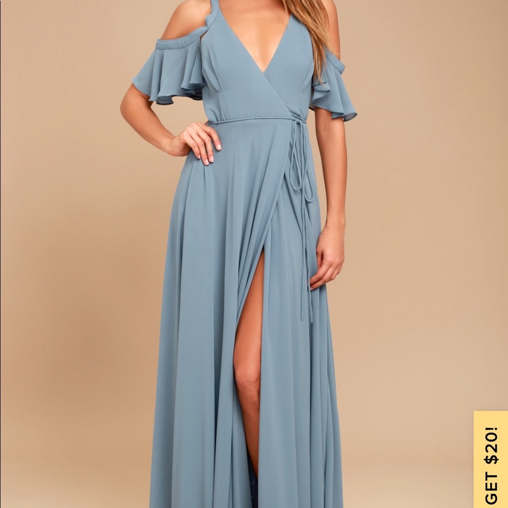 Lulus Slate Blue Cold Shoulder Wrap Dress